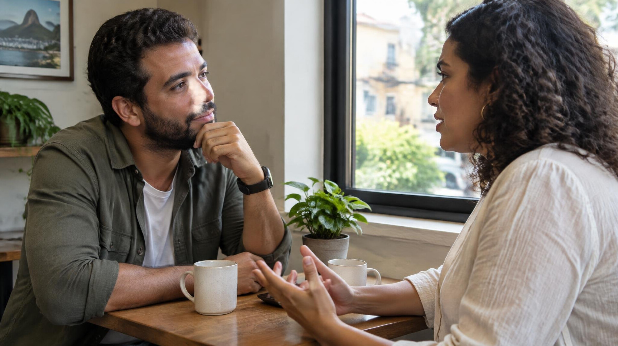 Duas pessoas conversando em uma mesa